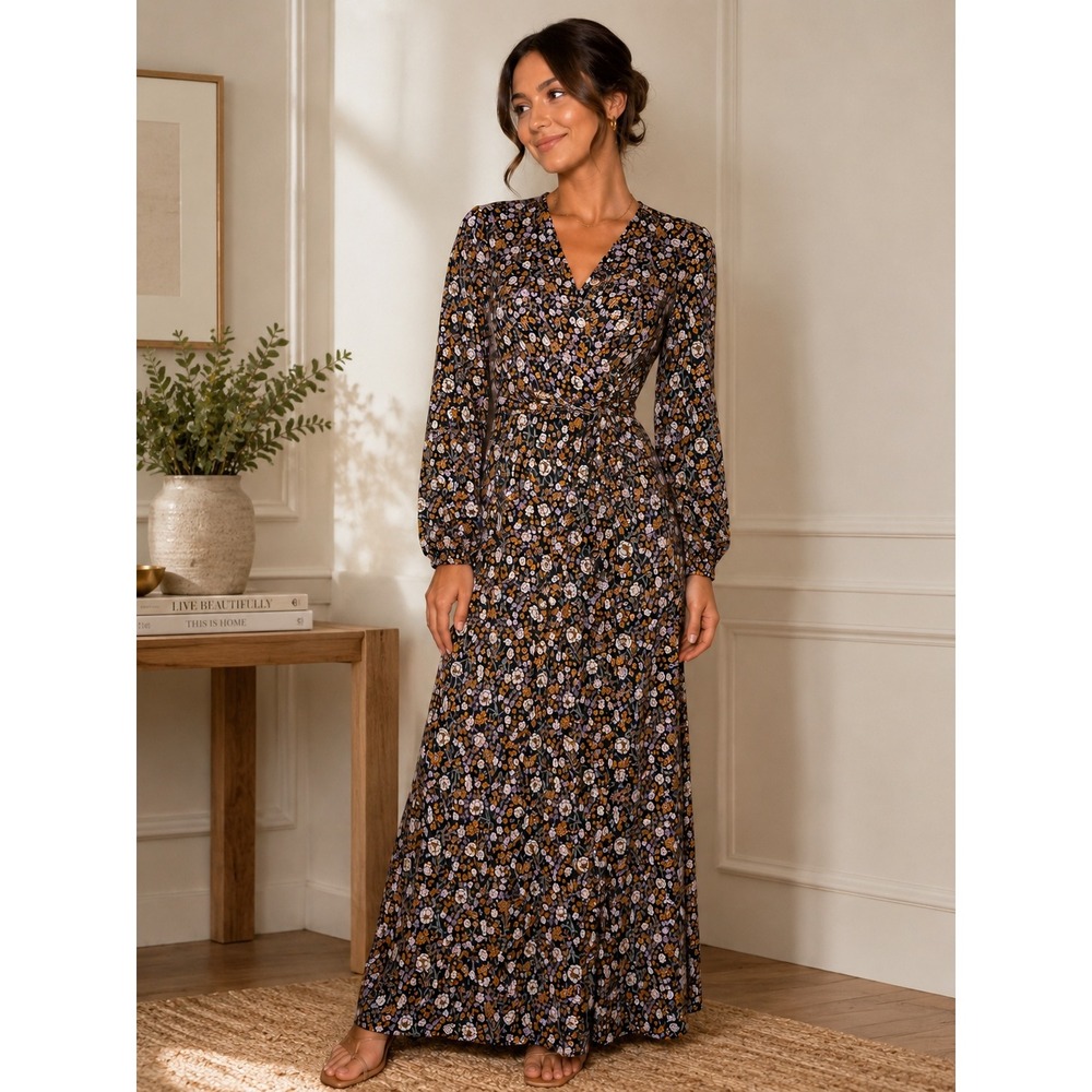Scotch & Soda Maison Scotch Floral Wrap Maxi Dress‎ XS Black Yellow Long Sleeve